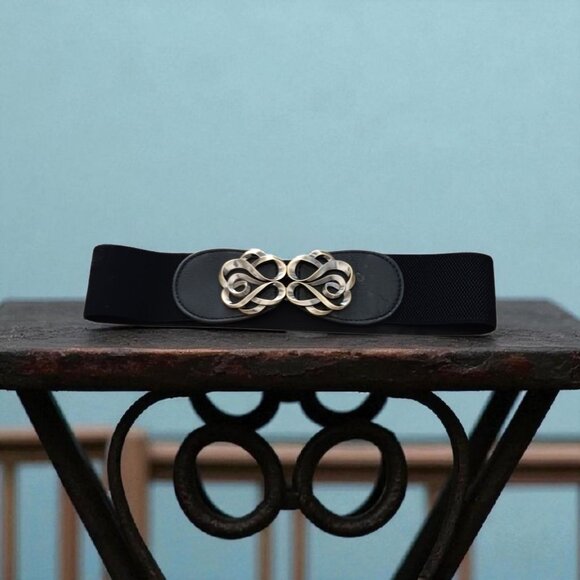 Balck Stretch Cinching Belt w/ Antiqued Gold Tone Buckle for 26\
